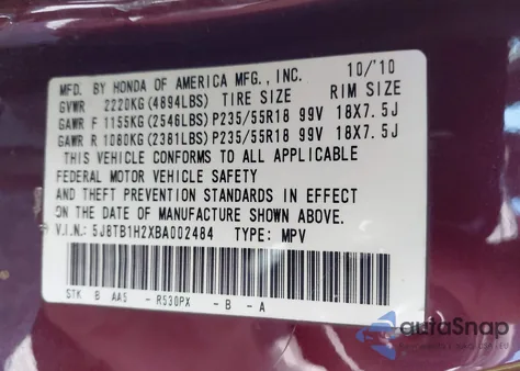 2011 Acura Rdx from USA, damaged, VIN 5J8TB1H2XBA002484